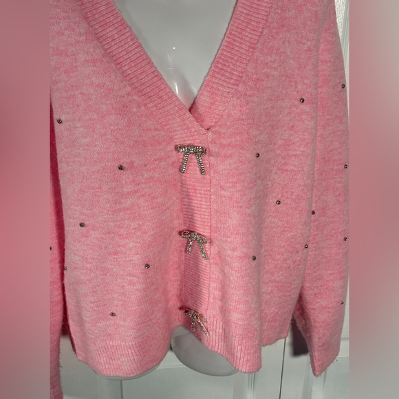 Lilly Pulitzer Ellorie Bow Sweater Pink Heathered ConchShell Paradise Rhinestone - Picture 3 of 11